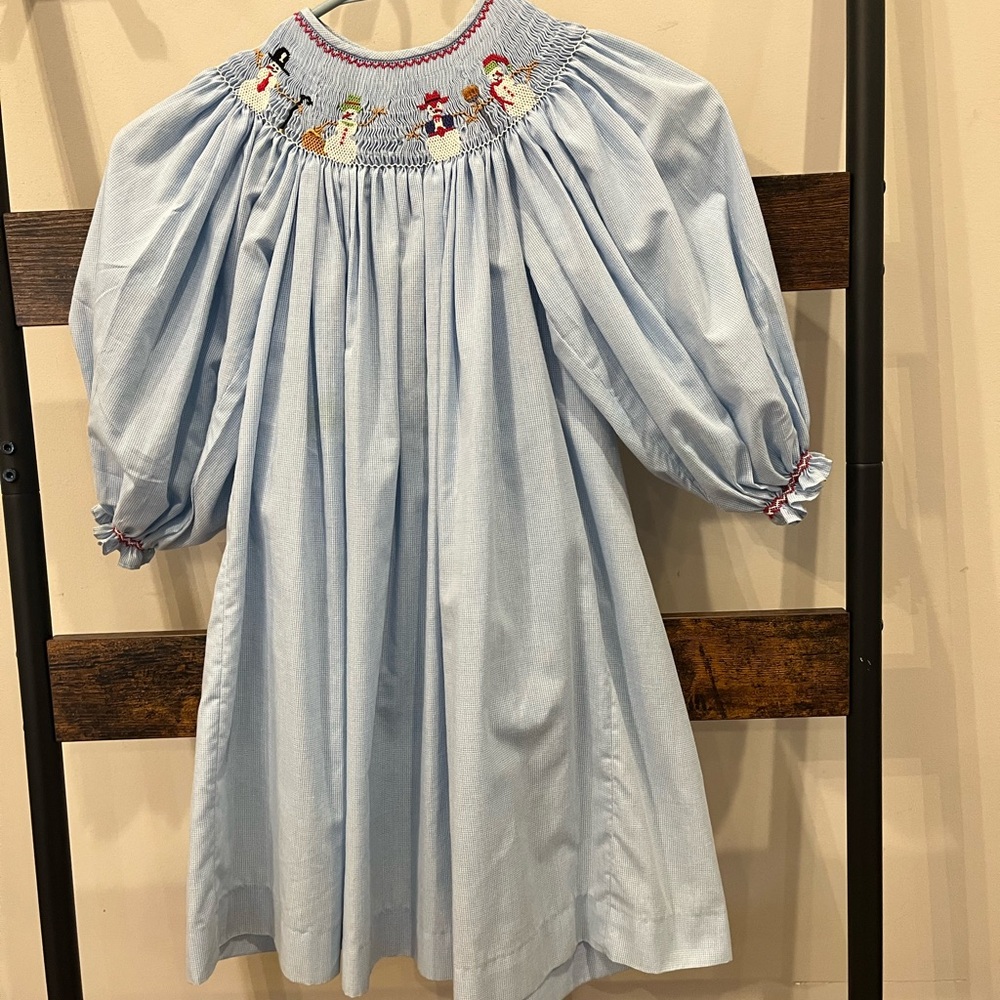 Light Blue Smocked Dress with Embroidery